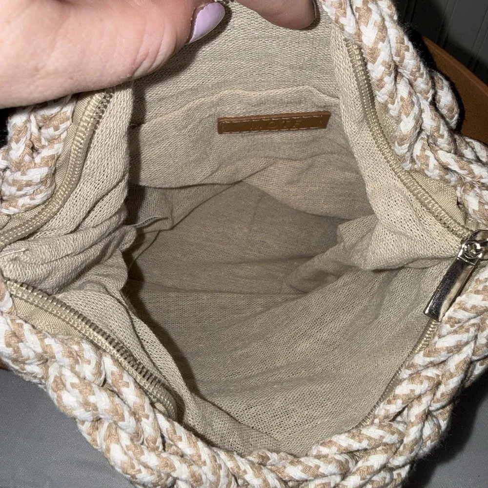 Motf Macrame Fabric Faux Leather Shoulder Hobo Bag Purse Cream Brown Handbag